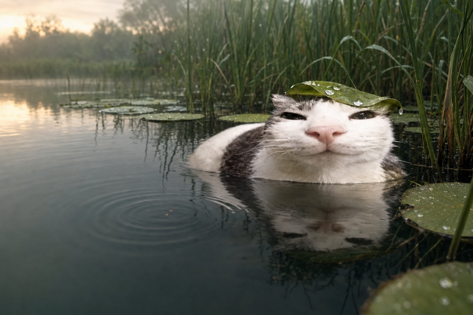 Pondcat, a white and gray cat wearing a wet leaf, sits in a misty reed pond at dawn