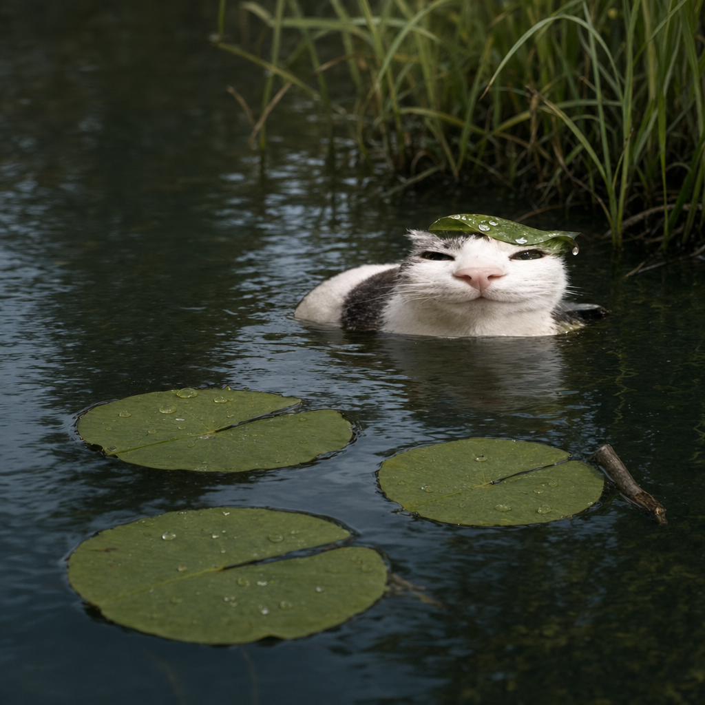 Pondcat afloat in dark water behind three lily pads, leaf cap in place